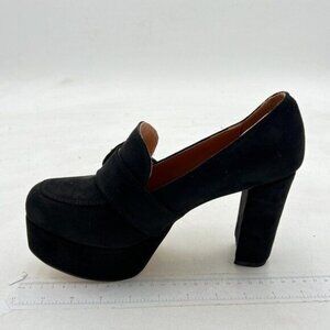 YDN Women Chunky High Heels Square Toe Loafer Shoes Slip On Suede Office  Black